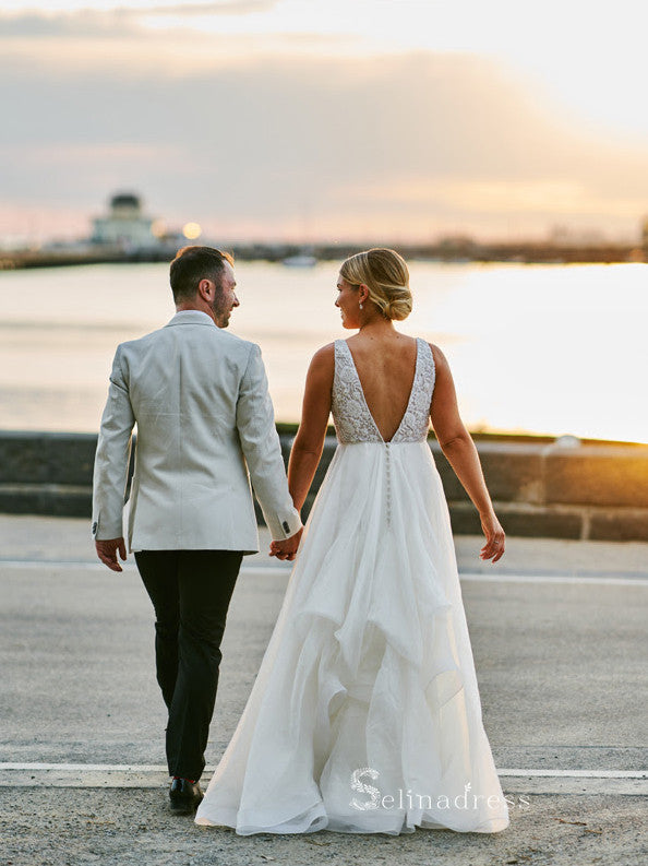 A-line Straps White Beaded Wedding Dresses Cheap Rustic Bridal Gowns MHL2855|Selinadress