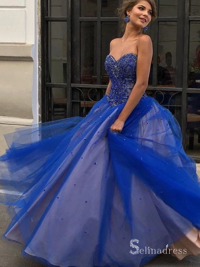 A-line Sweetheart Beaded Long Prom Dresses Royal Blue Formal Gowns CBD542|Selinadress