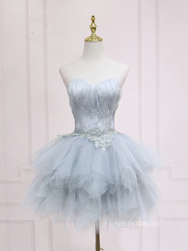 A-line Sweetheart Blue Homecoming Dress With Feather Tulle Short Prom Dresses EDS035|Selinadress