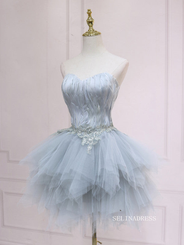 A-line Sweetheart Blue Homecoming Dress With Feather Tulle Short Prom Dresses EDS035|Selinadress