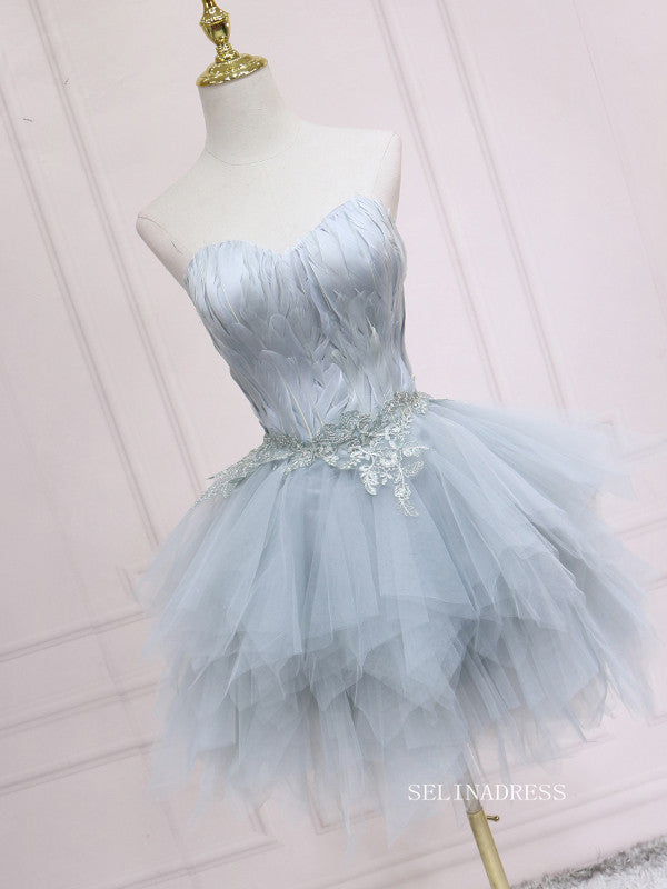 A-line Sweetheart Blue Homecoming Dress With Feather Tulle Short Prom Dresses EDS035|Selinadress