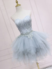 A-line Sweetheart Blue Homecoming Dress With Feather Tulle Short Prom Dresses EDS035|Selinadress