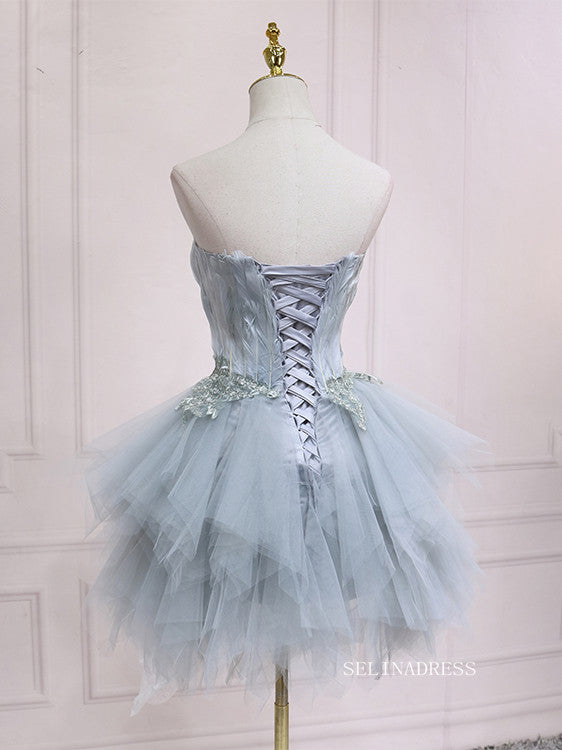 A-line Sweetheart Blue Homecoming Dress With Feather Tulle Short Prom Dresses EDS035|Selinadress