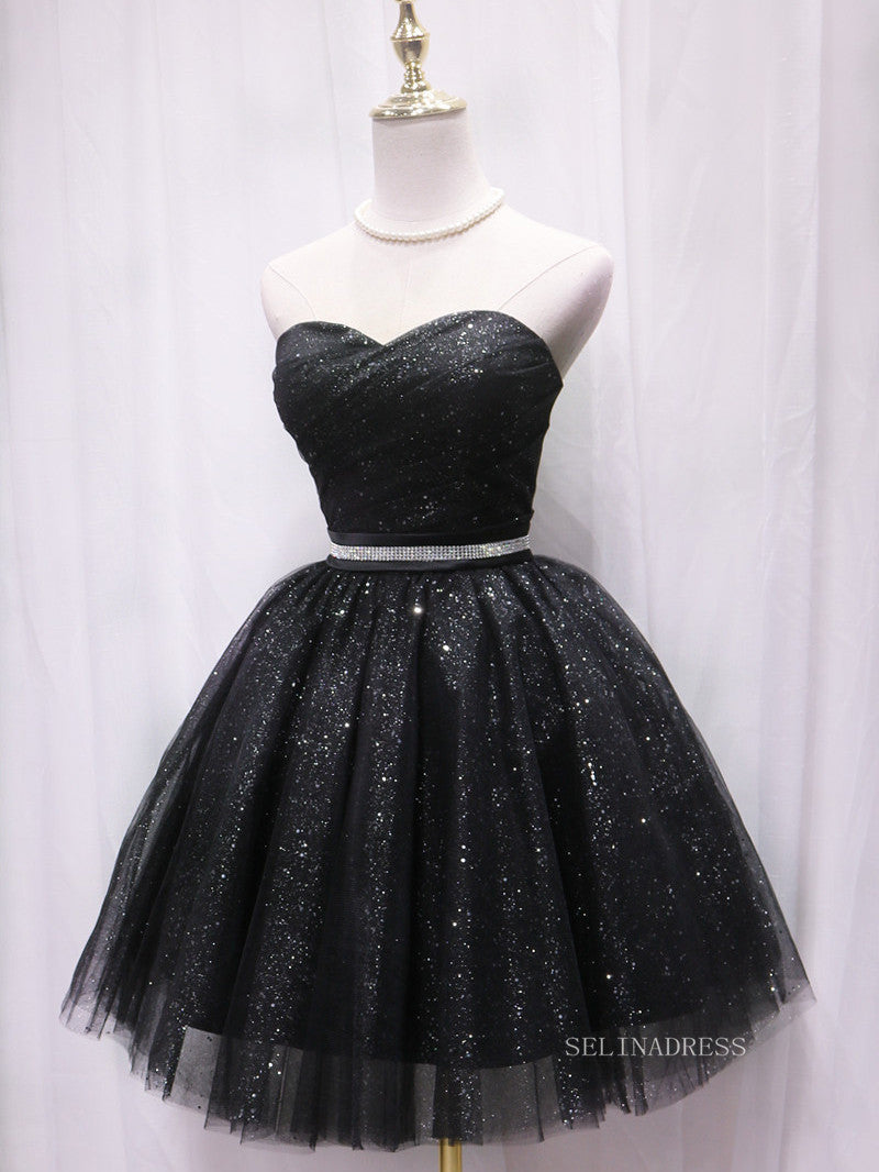 A-line Sweetheart Cute Homecoming Dress Sparkly Black Short Prom Dresses EDS029|Selinadress