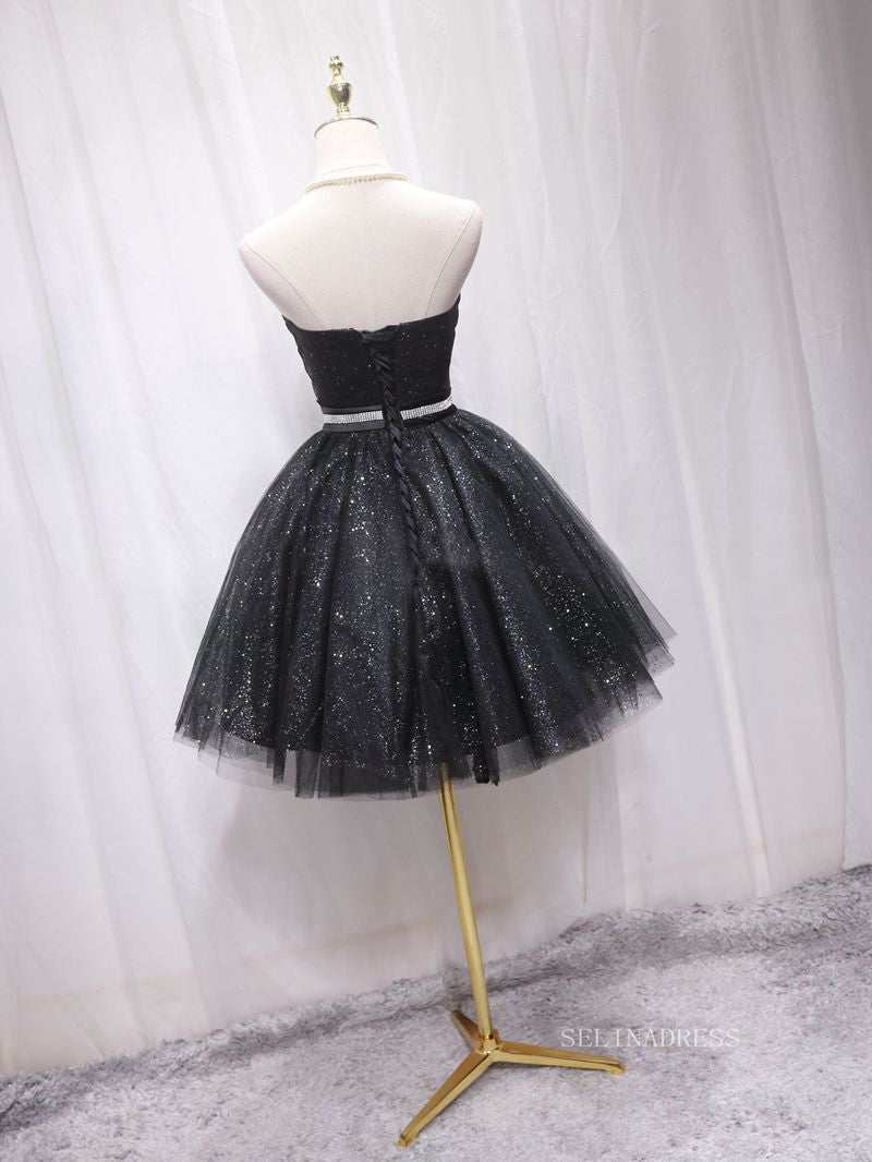 A-line Sweetheart Cute Homecoming Dress Sparkly Black Short Prom Dresses EDS029|Selinadress