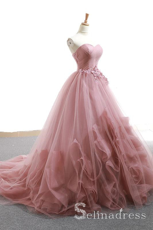 A-line Sweetheart Dust Pink Lace Long Prom Dress Princess Quinceanera SED035|Selinadress