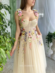 A-Line Sweetheart Pale Yellow Formal Dress Tea Length 3D Colourful Flower Tulle Ball Gown Prom Dresses Boho Robe GRSD008