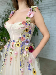 A-Line Sweetheart Pale Yellow Formal Dress Tea Length 3D Colourful Flower Tulle Ball Gown Prom Dresses Boho Robe GRSD008