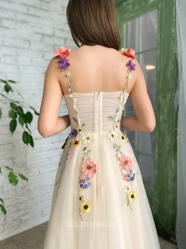 A-Line Sweetheart Pale Yellow Formal Dress Tea Length 3D Colourful Flower Tulle Ball Gown Prom Dresses Boho Robe GRSD008