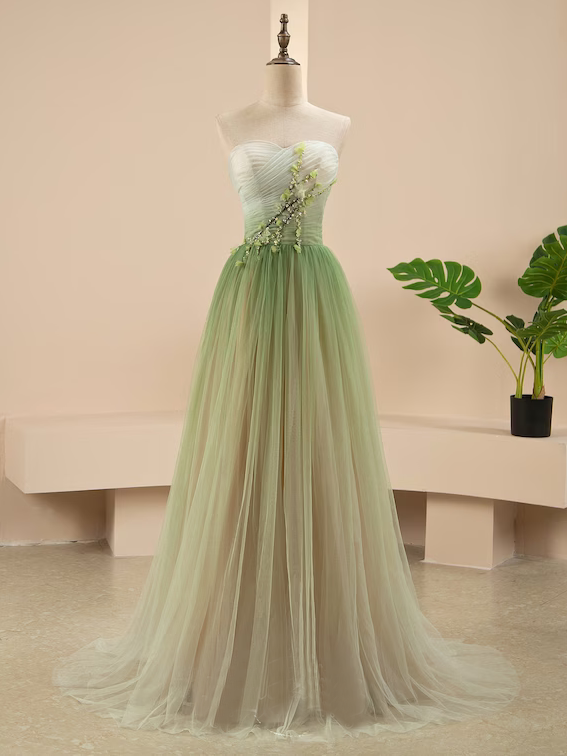 A Line Sweetheart Ruffles Princess Formal Dress Ombre Sage Prom Dress #QWE044|Selinadress