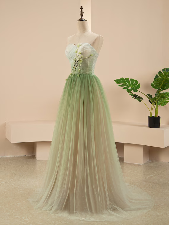 A Line Sweetheart Ruffles Princess Formal Dress Ombre Sage Prom Dress #QWE044|Selinadress