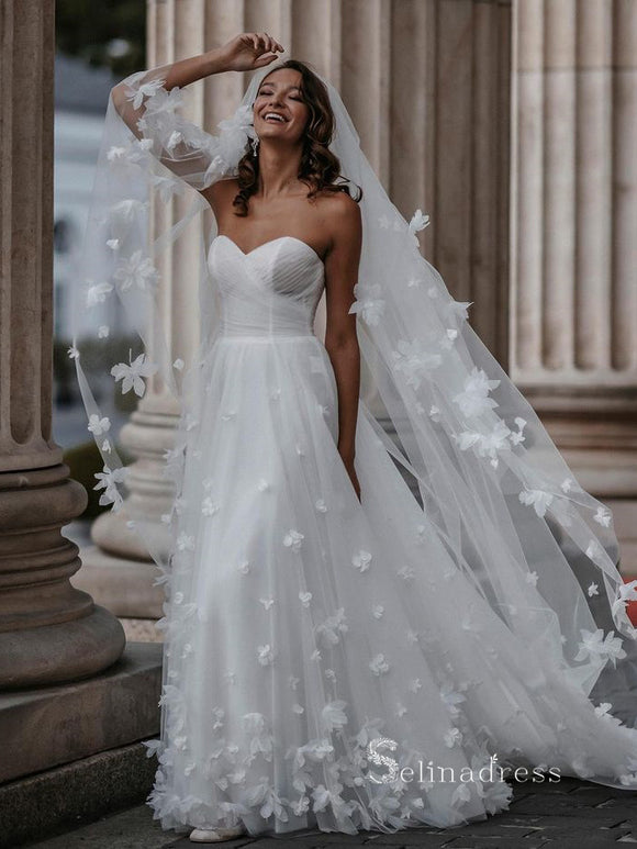A-line Strapless Satin Thigh Split Wedding Dresses Ruffles Unique
