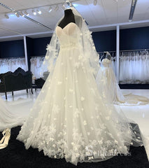 A-line Sweetheart White Tulle Modest Wedding Dress Floral Romantic Bridal Dresses RYU031|Selinadress