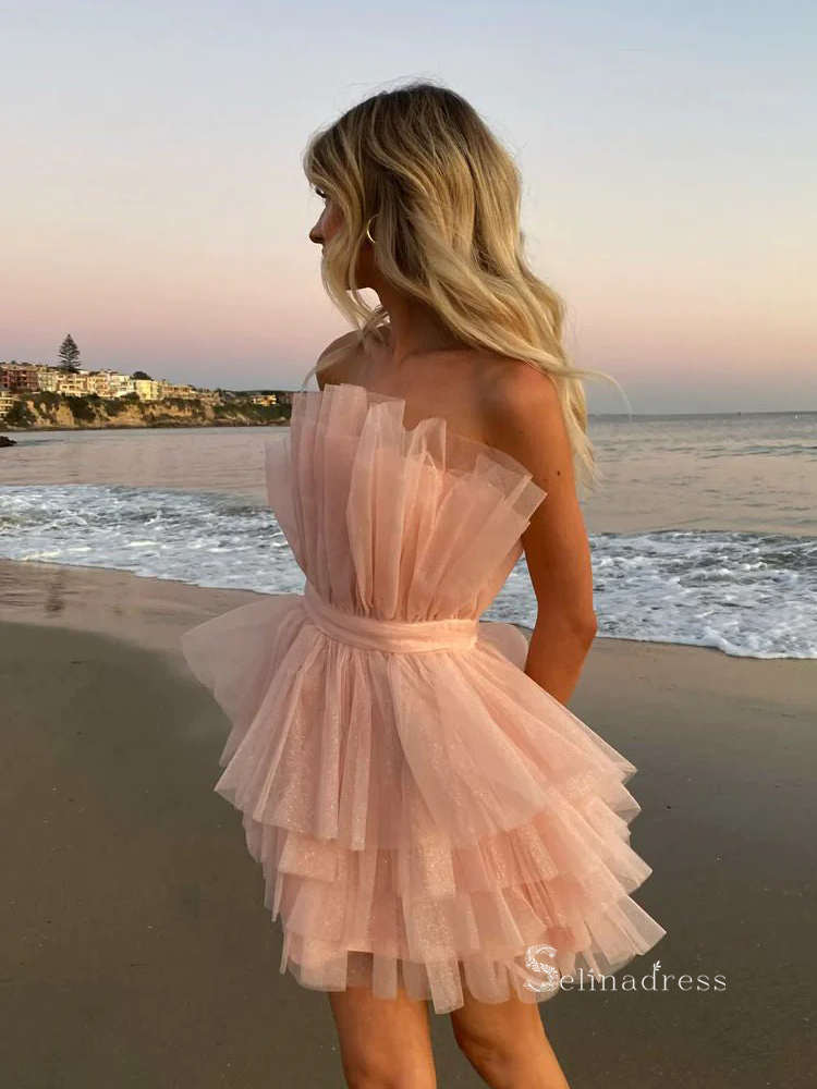 A-line Tulle Cute Strapless Short Homecoming Dress Spring Outfits Summer Outfits RYU042|Selinadress