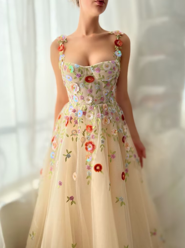 Floral embroidered tulle prom dress hotsell