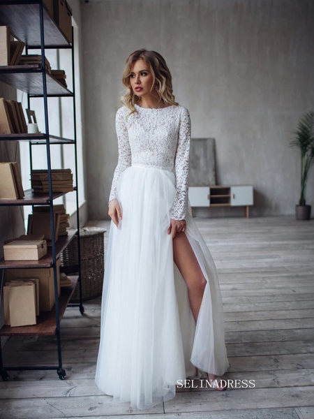 Rustic Two Pieces Long Sleeve See Through Country Wedding Dresses Brid –  SELINADRESS