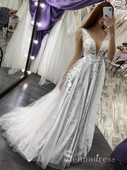 A-line V neck Applique Lace Wedding Dresses Rustic Bridal Gowns MLD002|Selinadress