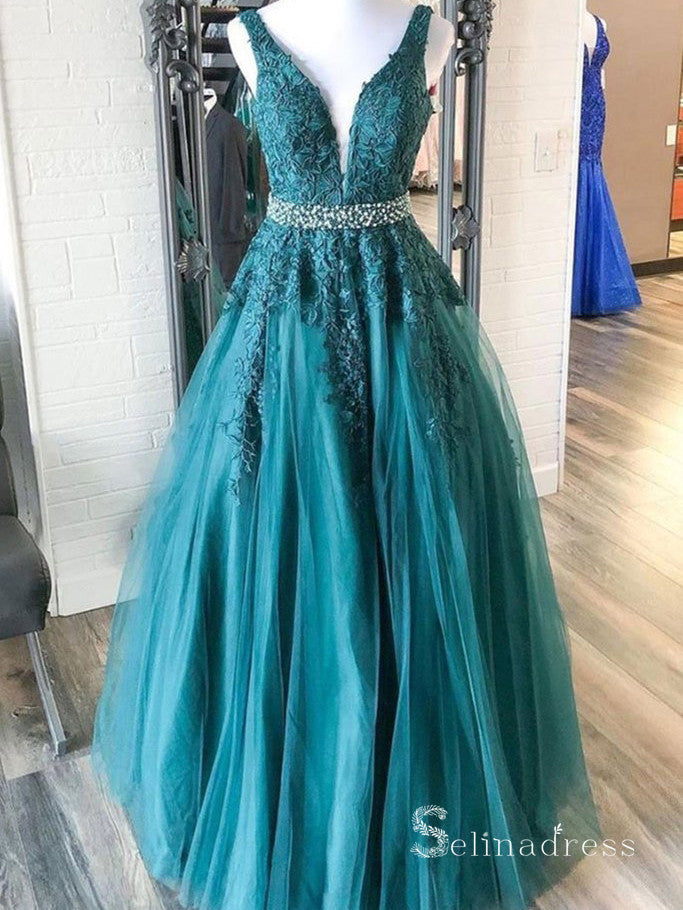 A-line V neck Applique Long Prom Dresses Cheap Evening Dress CBD573|Selinadress