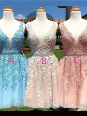 A-line V neck Applique Pink Short Prom Dress Homecoming Dresses #CBD591|Selinadress