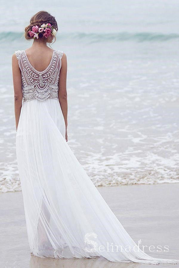 A-line V-neck Beautiful Beach Wedding Dresses Chiffon Short Train Sexy Bridal Gown SEW010|Selinadress