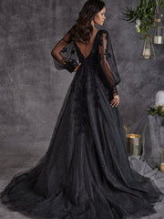 A-line V neck Black Prom Dress Long Sleeve Lace Applique Tulle Evening Gowns #POL025|Selinadress