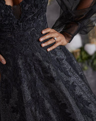 A-line V neck Black Prom Dress Long Sleeve Lace Applique Tulle Evening Gowns #POL025|Selinadress