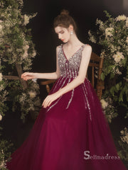 A-line V neck Burgundy Long Prom Dress Sparkly Beaded Evening Gowns MHL2873|Selinadress