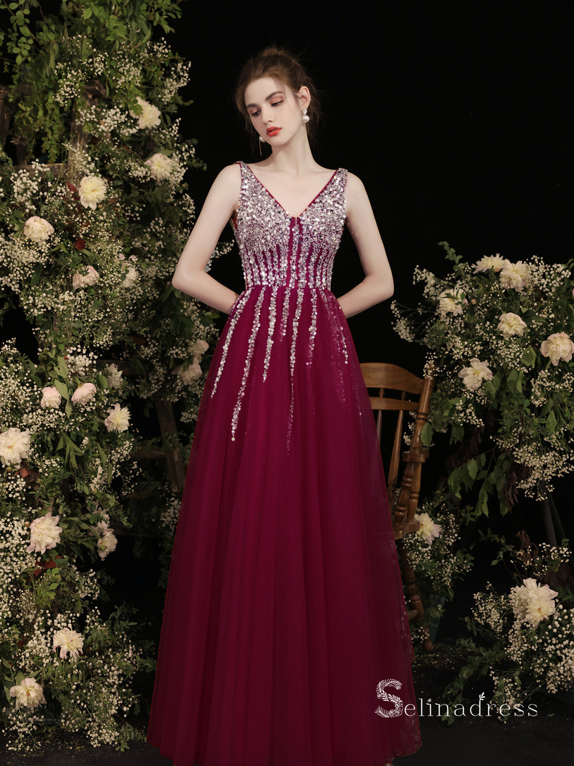 A-line V neck Burgundy Long Prom Dress Sparkly Beaded Evening Gowns MHL2873|Selinadress