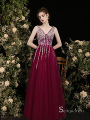 A-line V neck Burgundy Long Prom Dress Sparkly Beaded Evening Gowns MHL2873|Selinadress