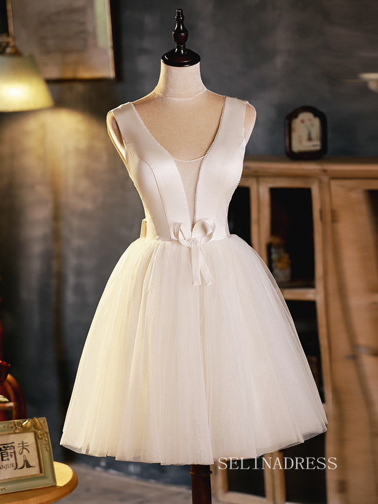 A-line V neck Custe Homecoming Dress White Short Prom Dresses EDS002|Selinadress