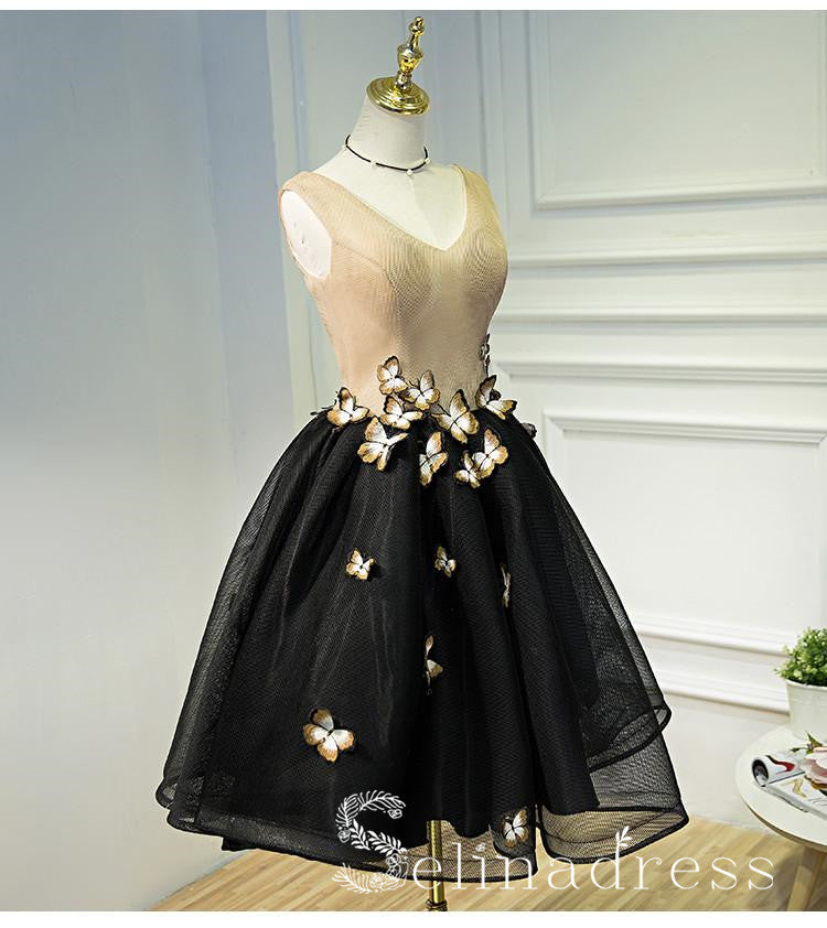 A-line V neck Elegant Tea Length Prom Dresses Butterfly Homecoming Dresses HML020|Selinadress