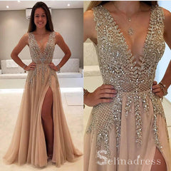 A-line V-neck Gorgeous Long Prom Dress Thigh Split Sparkly Formal Gowns SED024