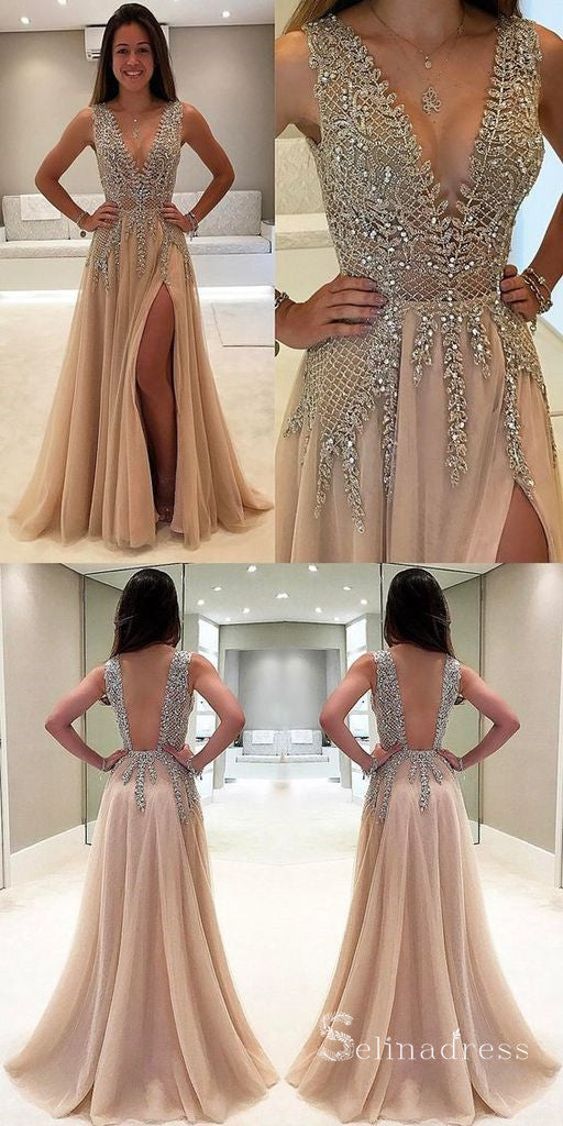 A-line V-neck Gorgeous Long Prom Dress Thigh Split Sparkly Formal Gowns SED024