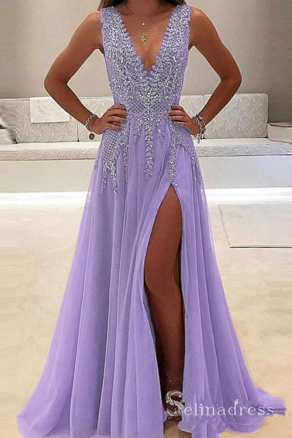 A-line V-neck Gorgeous Long Prom Dress Thigh Split Sparkly Formal Gowns SED024