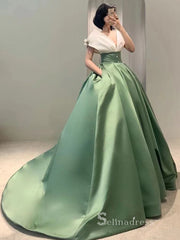 A-line V neck Long Prom Dress Green Ball Gown Satin Evening Dresses GKF031|Selinadress