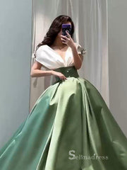 A-line V neck Long Prom Dress Green Ball Gown Satin Evening Dresses GKF031|Selinadress