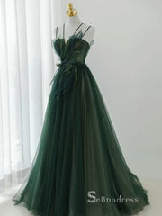 A-line V neck Long Prom Dress Modest Green Beaded Evening Dresses GKF027|Selinadress