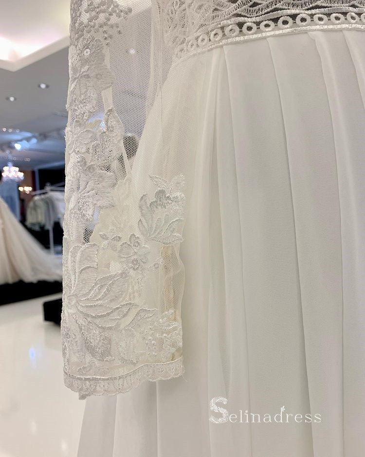 A-line V neck Long Sleeve Embroidery Wedding Dress Romantic Bridal Dresses RYU025|Selinadress