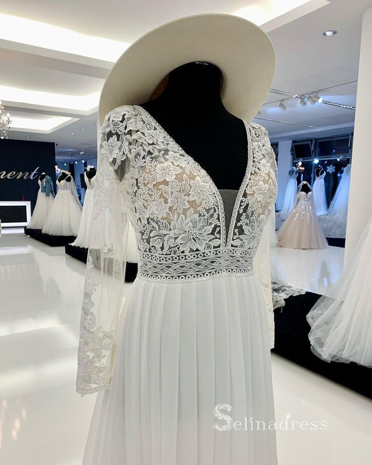 A-line V neck Long Sleeve Embroidery Wedding Dress Romantic Bridal Dresses RYU025|Selinadress