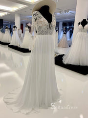 A-line V neck Long Sleeve Embroidery Wedding Dress Romantic Bridal Dresses RYU025|Selinadress