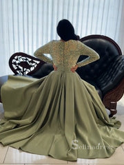 A-line V neck Long Sleeve Green Long Prom Dress Sequins Sparkly Evening Dresses HLK010|Selinadress