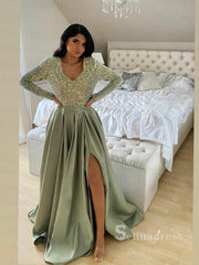 A-line V neck Long Sleeve Green Long Prom Dress Sequins Sparkly Evening Dresses HLK010|Selinadress