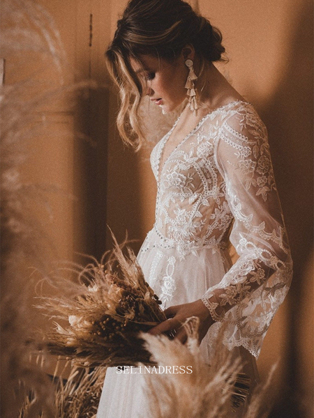 Elegant O-Neck Lace A-Line Boho Long Sleeves Wedding Dress Ivory / 6