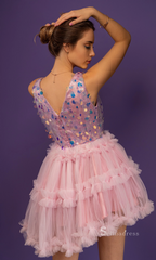 A-line V neck Pink Charming Short Prom Dress Sparkly Homecoming Dress RYU070|Selinadress