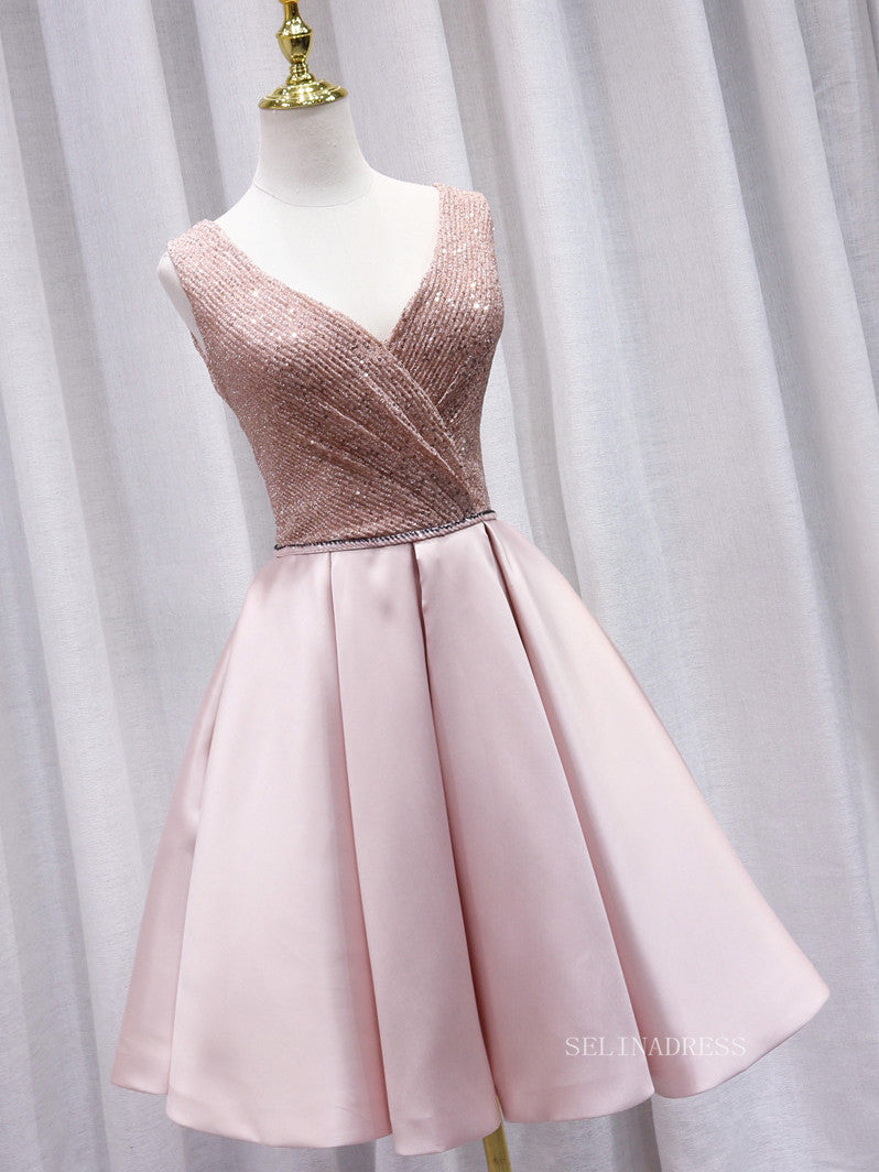 A-line V neck Pink Cute Homecoming Dress Sequins Short Prom Dresses EDS024|Selinadress