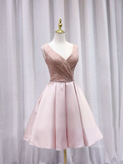 A-line V neck Pink Cute Homecoming Dress Sequins Short Prom Dresses EDS024|Selinadress