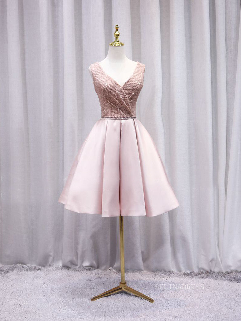 A-line V neck Pink Cute Homecoming Dress Sequins Short Prom Dresses EDS024|Selinadress