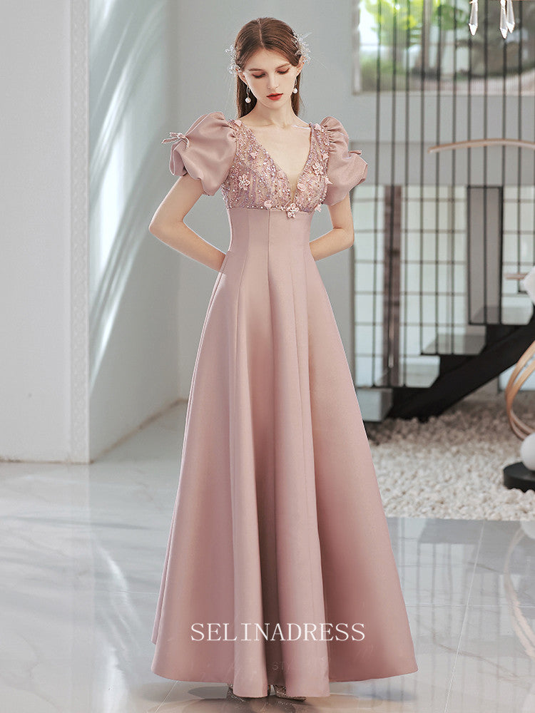 A-line V neck Pink Long Prom Dress Satin Long Evening Dresses Bridal Dress With Sleeve Party Dress OCN011|Selinadress