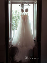 A-line V neck See Through White Wedding Dresses Applique Rustic Bridal Gowns MHL2860|Selinadress