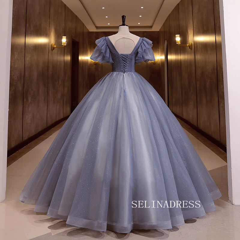 A-line V neck Short Puff Sleeve Long Prom Dress Ball Gown Beaded Princess Quinceanera YUU005|Selinadress